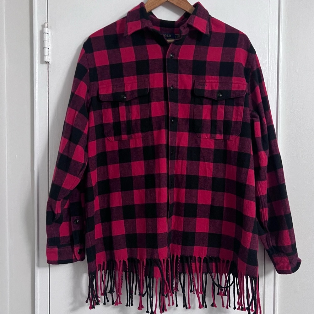 POLO Ralph Lauren Women’s Country Black & Red Check Flannel Fringe - Size L - Picture 1 of 11
